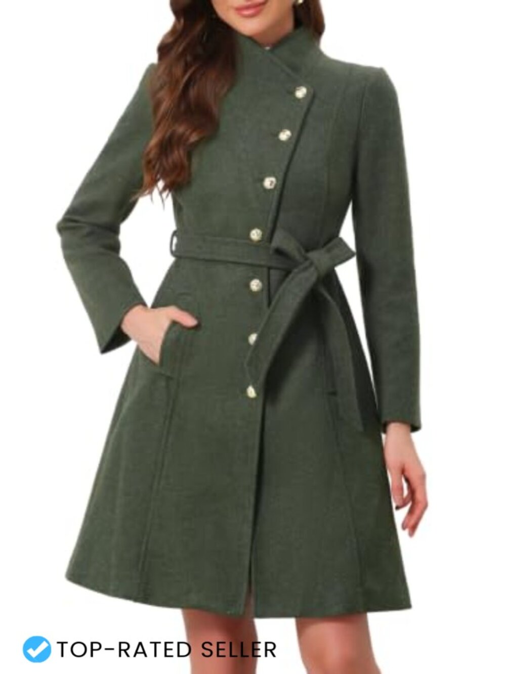 Women's Pea Coat Long Stand Collar Belted Trench Coat Winter